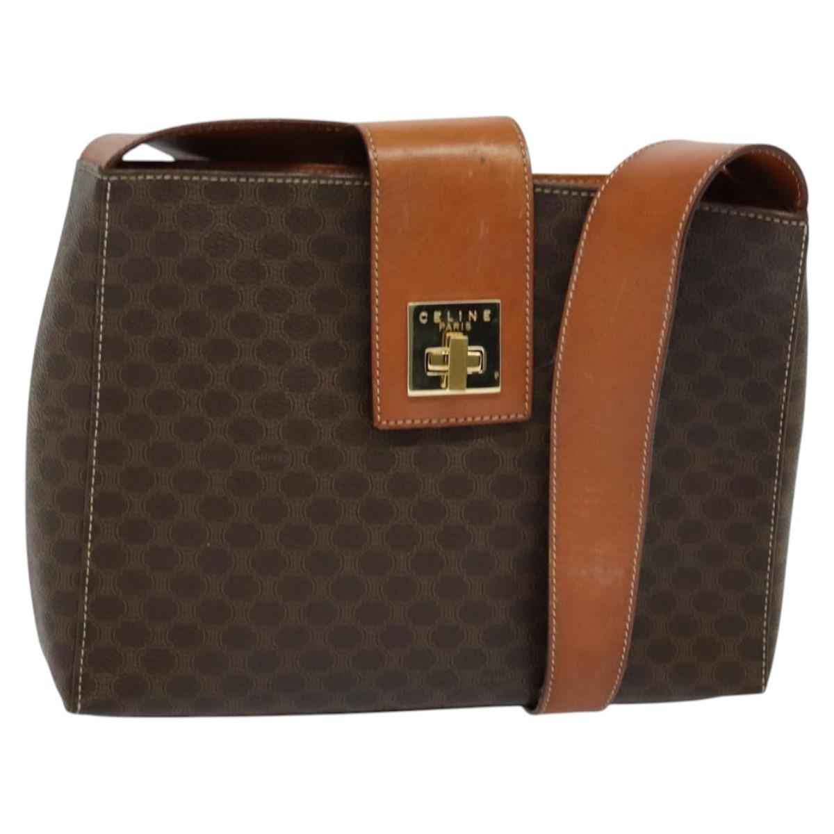 CELINE Macadam Canvas Shoulder Bag PVC Leather Brown Gold Auth 120373
