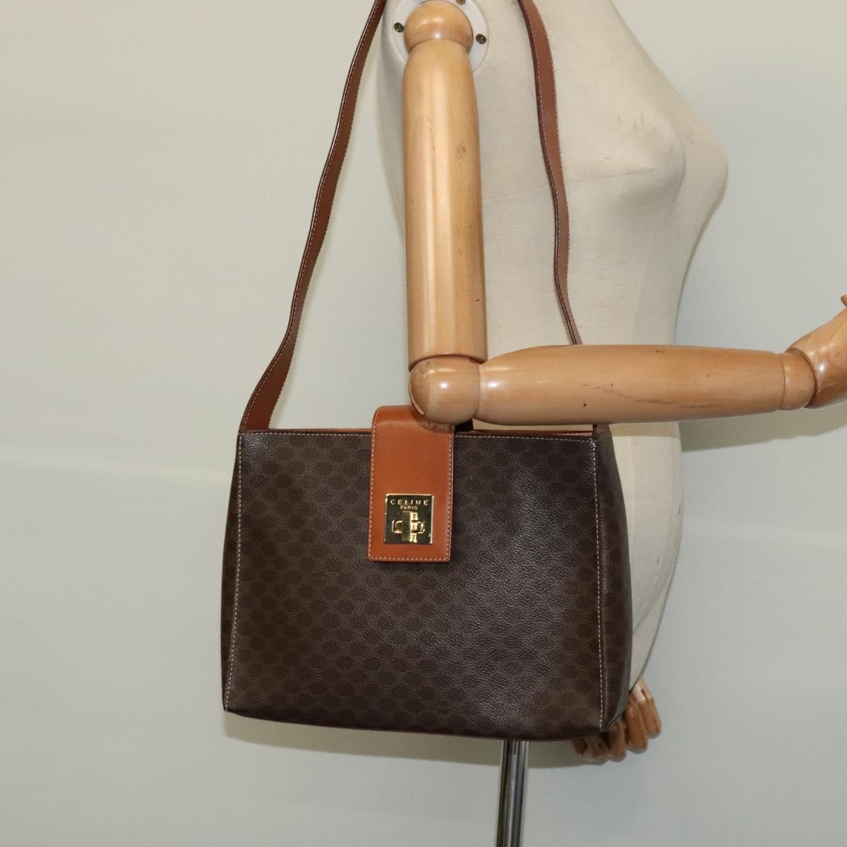 CELINE Macadam Canvas Shoulder Bag PVC Leather Brown Gold Auth 120373