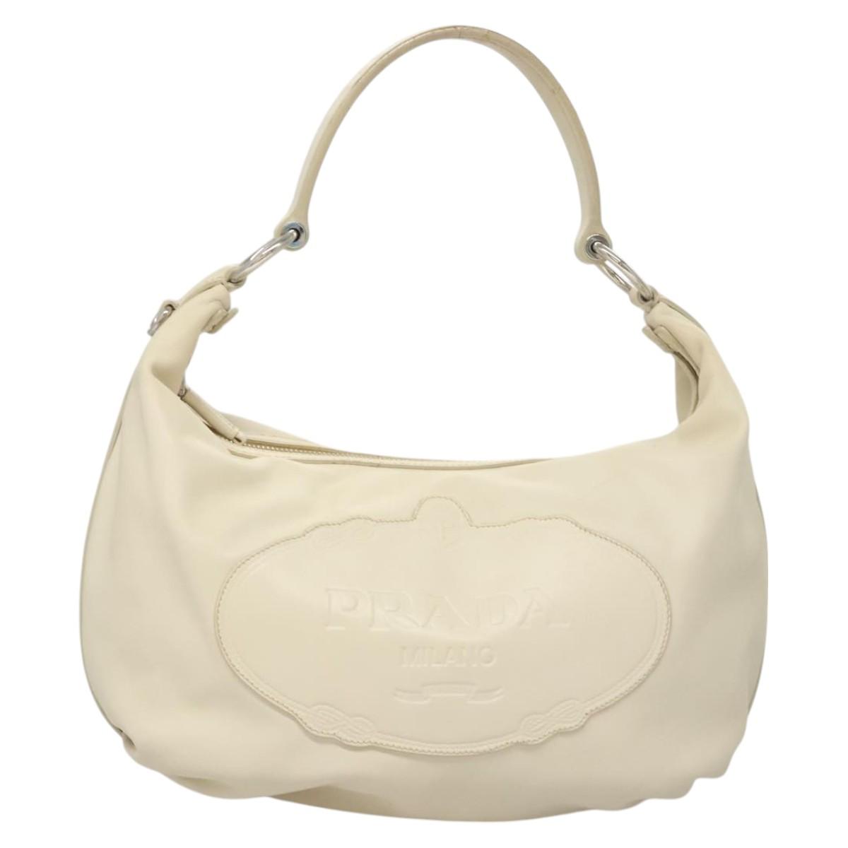 PRADA Shoulder Bag Leather White Silver Auth 120385