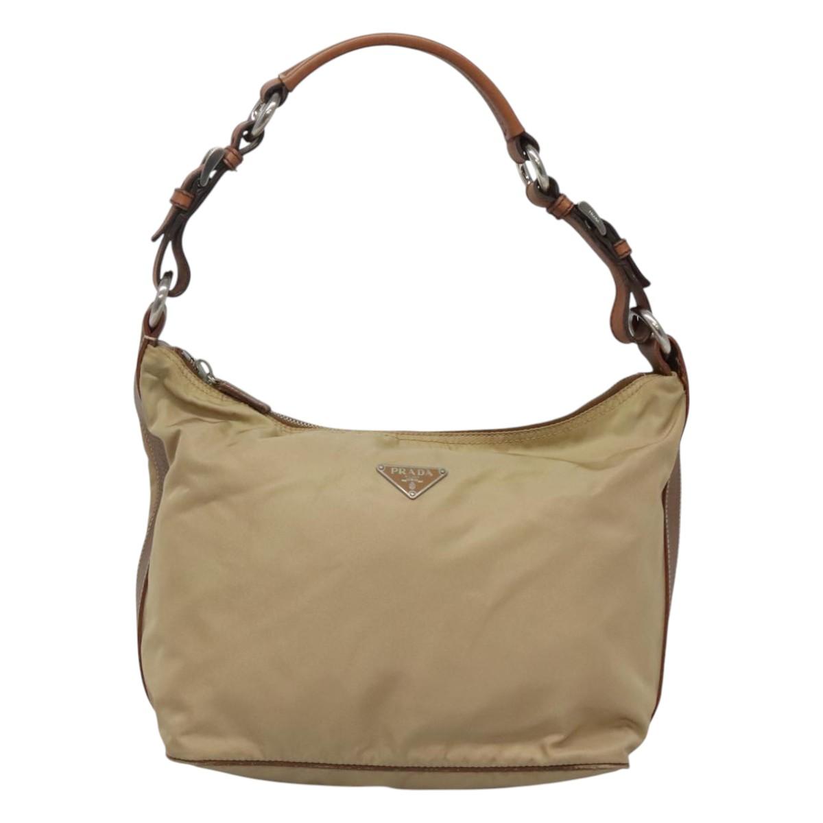 PRADA Shoulder Bag Nylon Beige Silver Auth 120393