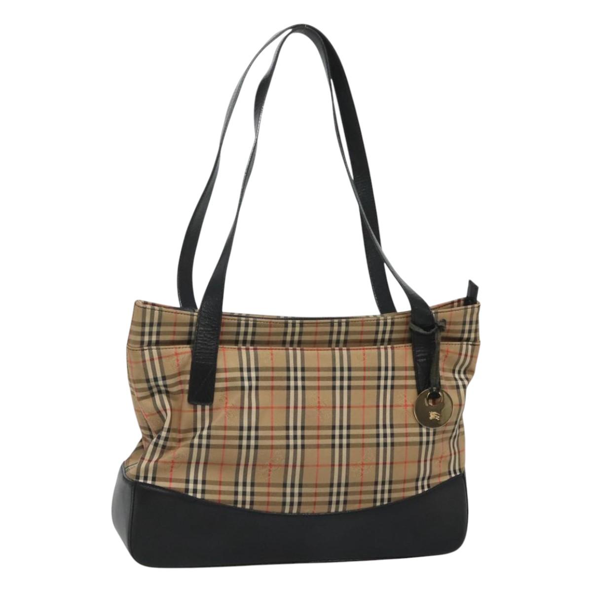BURBERRY Nova Check Tote Bag Canvas Beige Black gold Auth 120401
