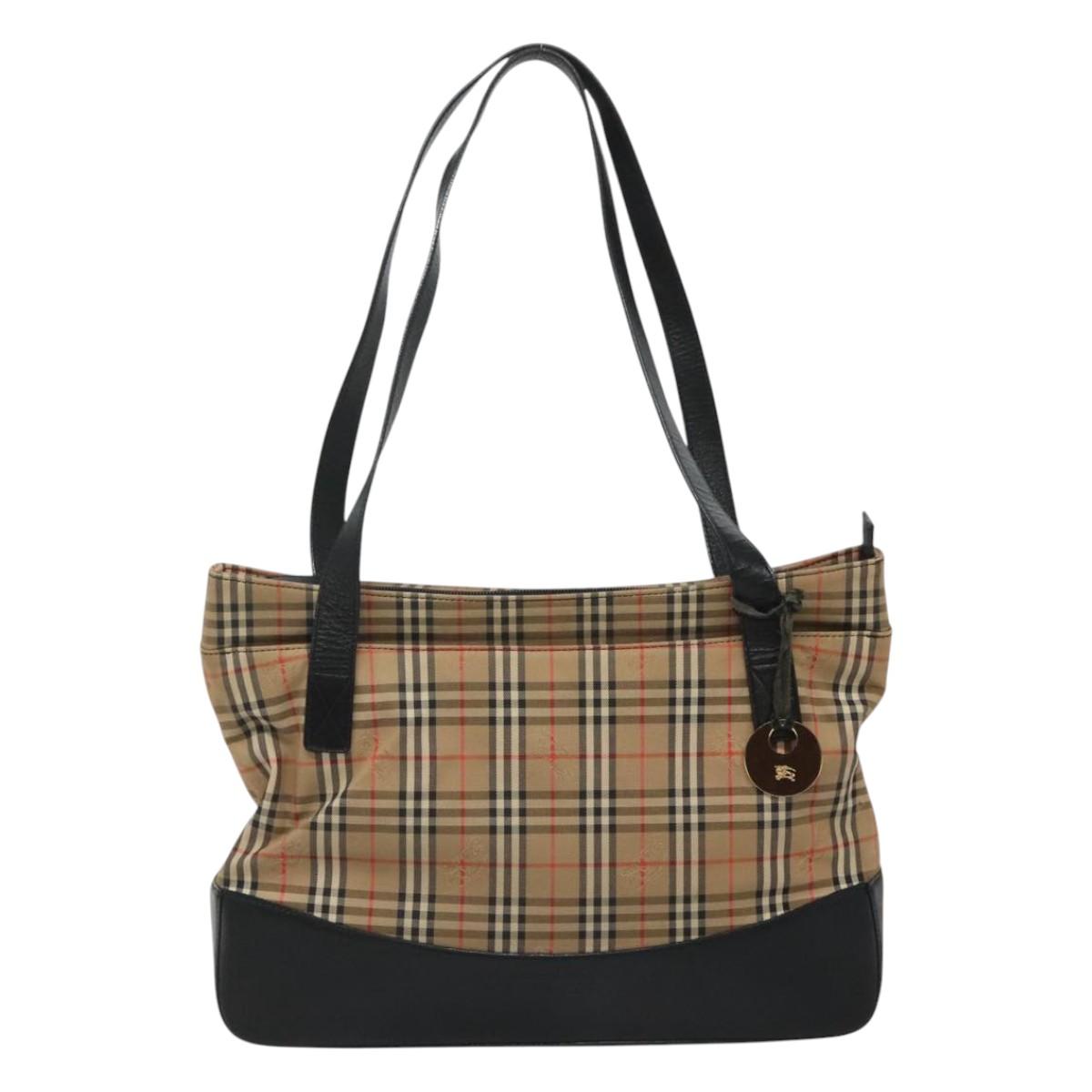 BURBERRY Nova Check Tote Bag Canvas Beige Black gold Auth 120401