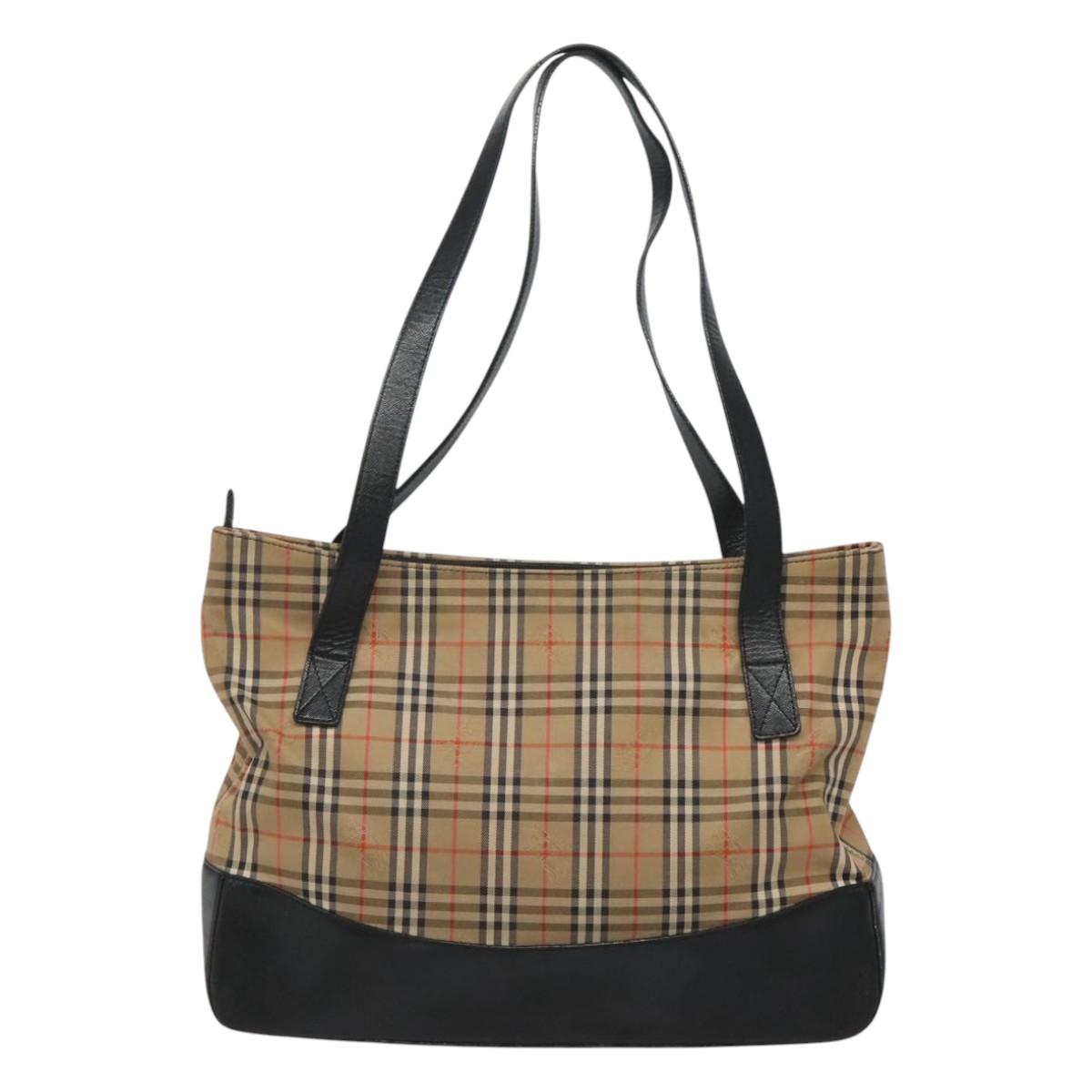 BURBERRY Nova Check Tote Bag Canvas Beige Black gold Auth 120401