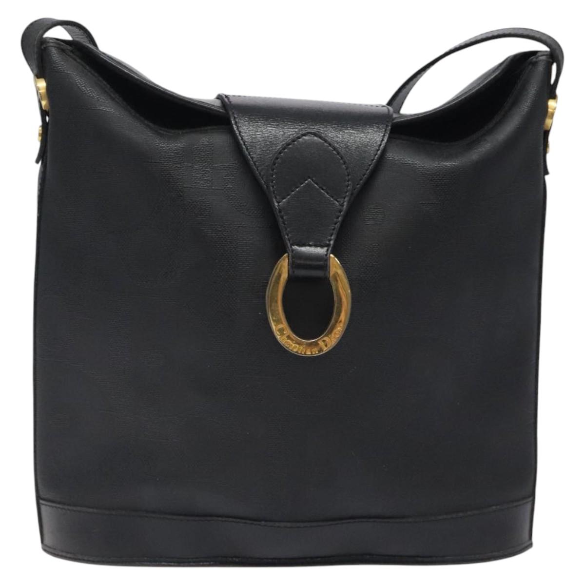 Christian Dior Trotter Canvas Shoulder Bag PVC Black Gold Auth 120408