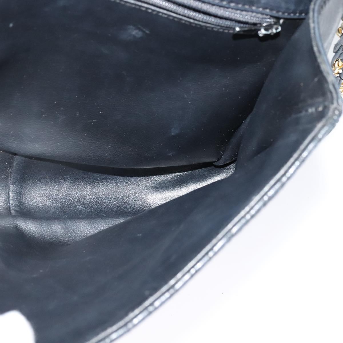 BALLY Quilted Chain Shoulder Bag Leather Navy Gold Auth 120451