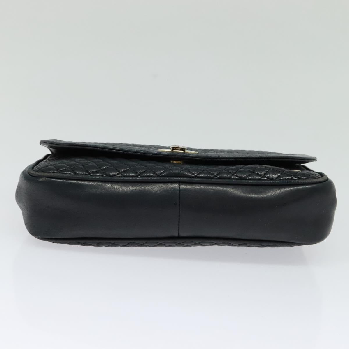 BALLY Quilted Chain Shoulder Bag Leather Navy Gold Auth 120451