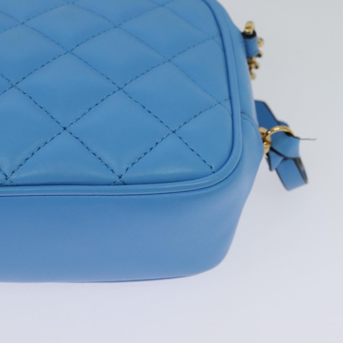 VERSACE Quilted Chain Shoulder Bag Leather Blue Gold Auth 120479A