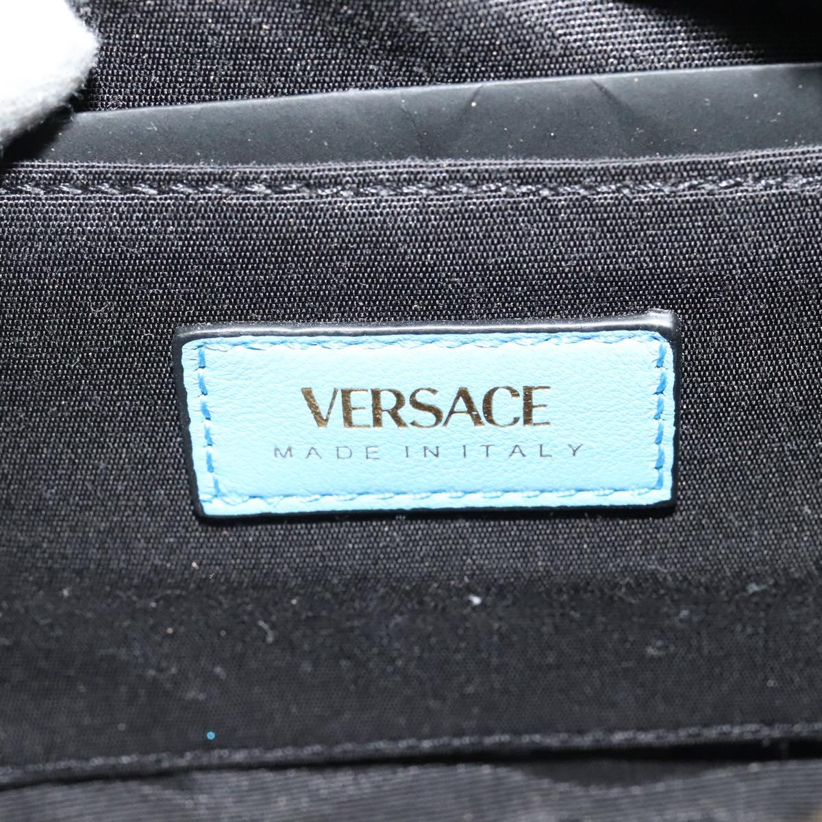 VERSACE Quilted Chain Shoulder Bag Leather Blue Gold Auth 120479A