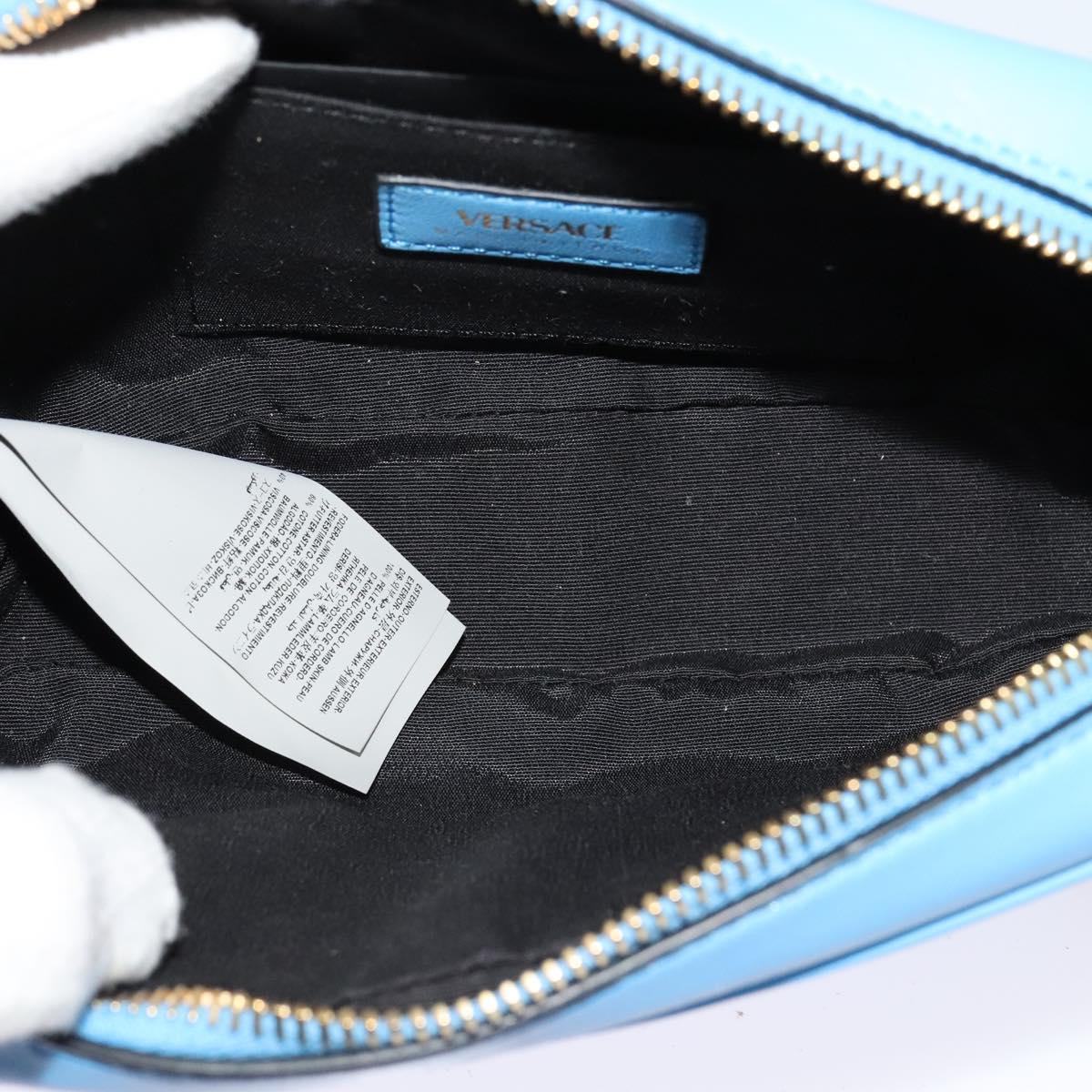 VERSACE Quilted Chain Shoulder Bag Leather Blue Gold Auth 120479