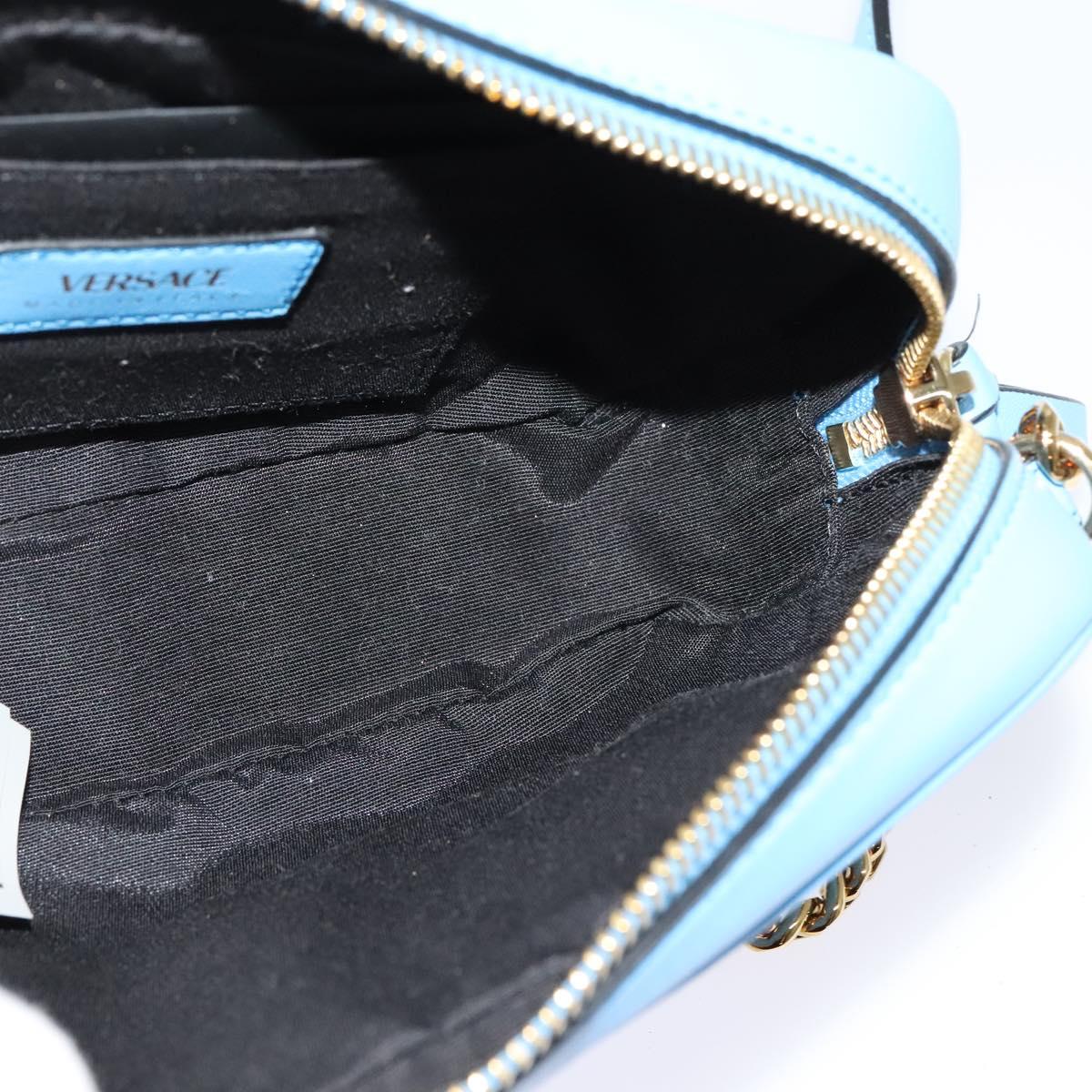 VERSACE Quilted Chain Shoulder Bag Leather Blue Gold Auth 120479