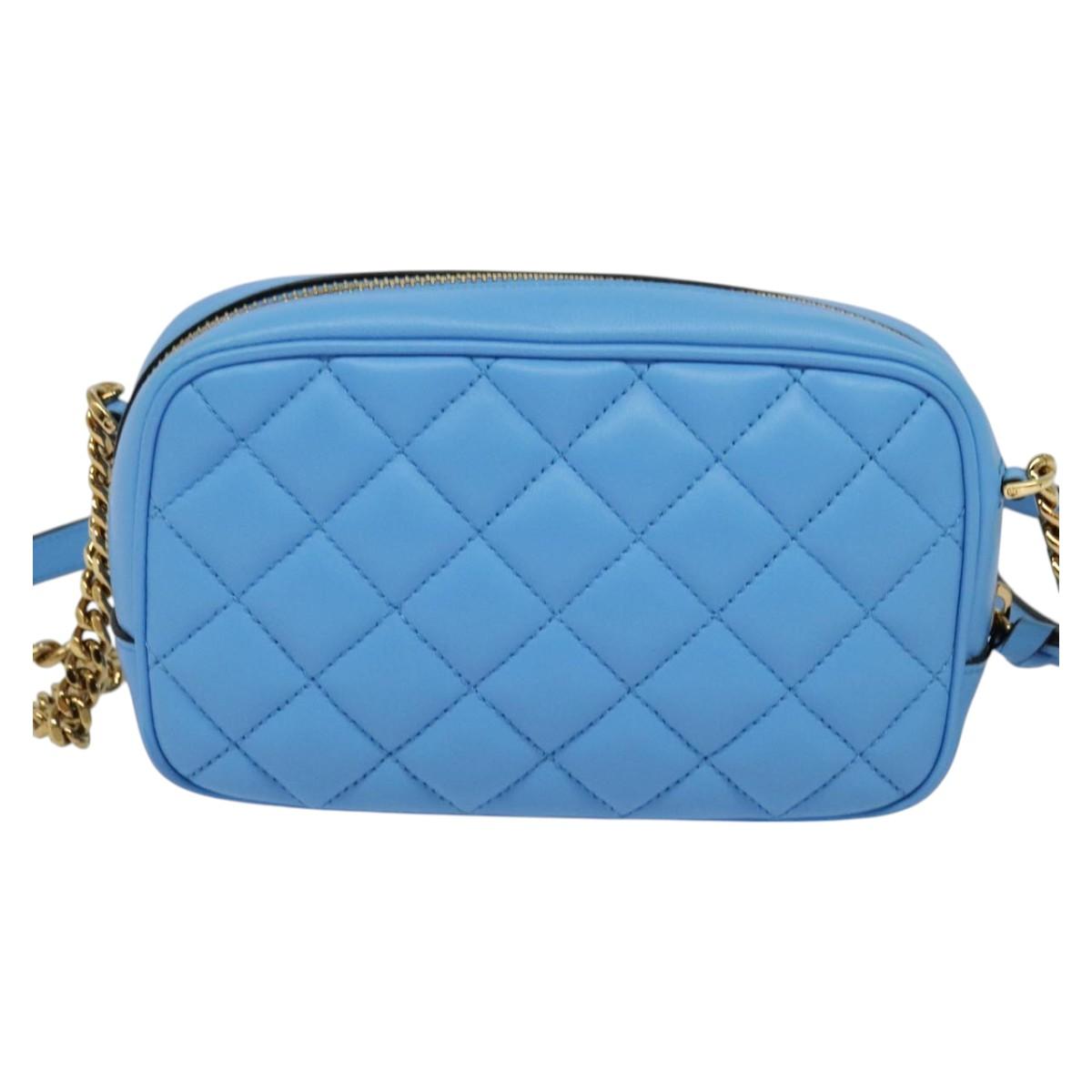 VERSACE Quilted Chain Shoulder Bag Leather Blue Gold Auth 120479A