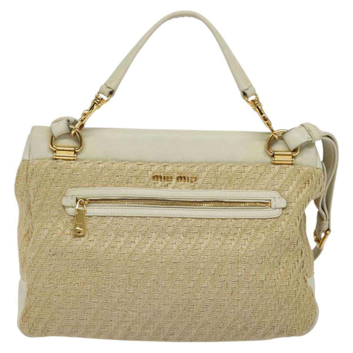 Miu Miu Hand Bag Leather Straw 2way Beige Gold Auth 120561