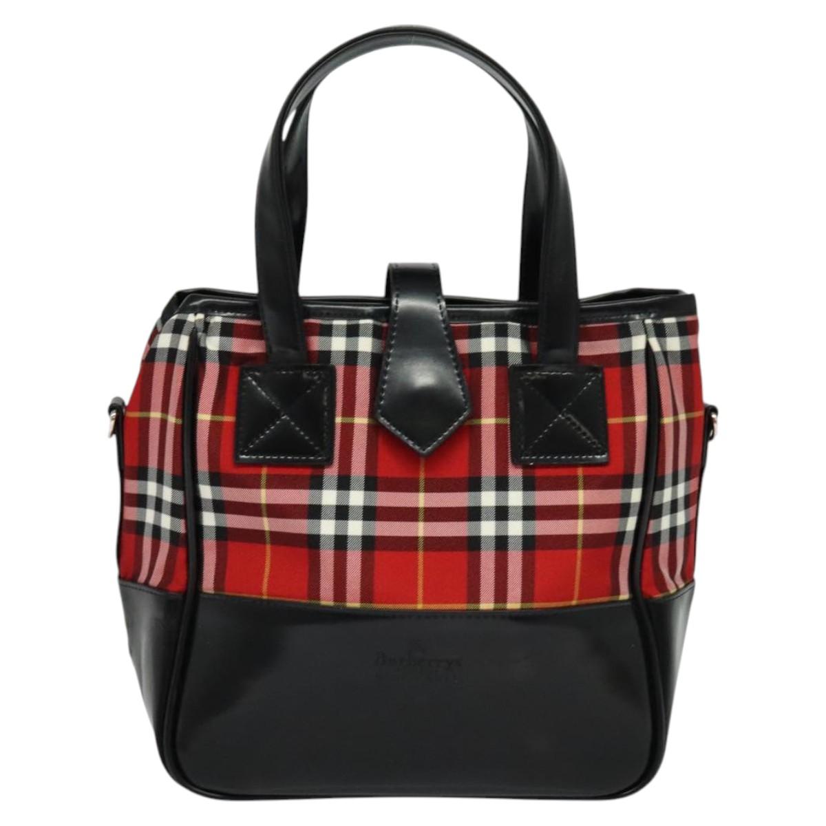 Burberrys Nova Check Blue Label Hand Bag Nylon Red Silver Auth 120591