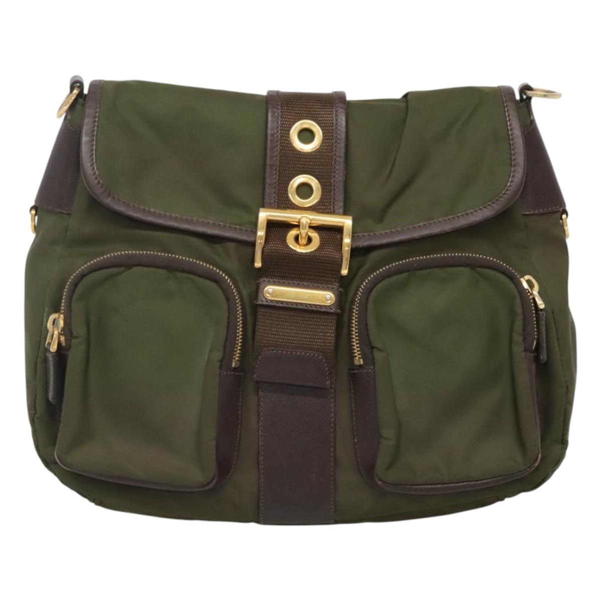 PRADA Shoulder Bag Nylon Khaki Gold Auth 120599