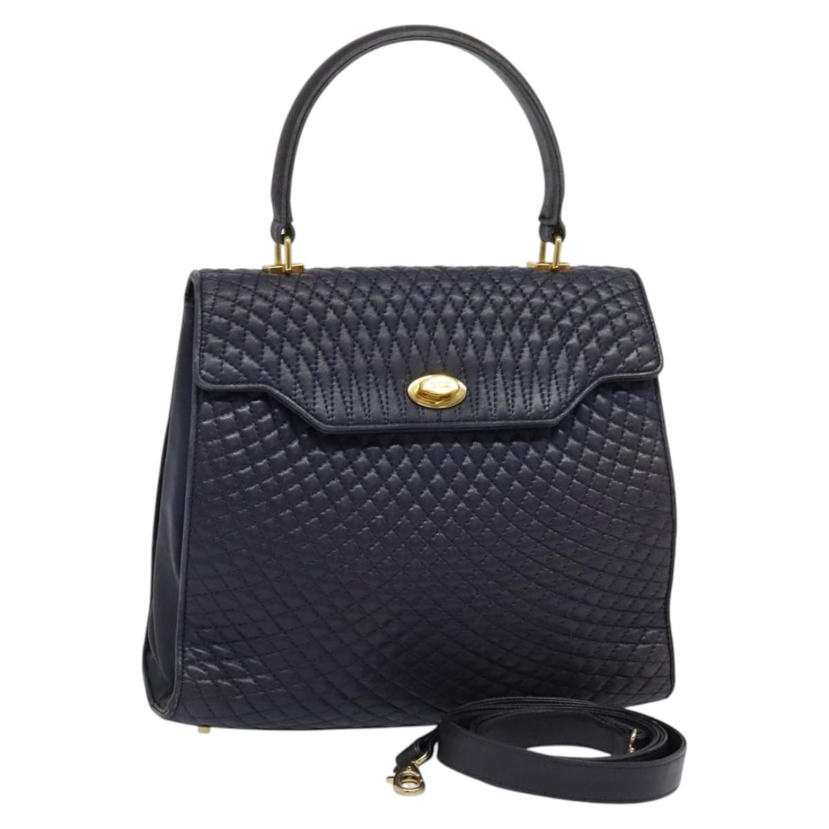 BALLY Hand Bag Leather 2way Navy Gold Auth 120604