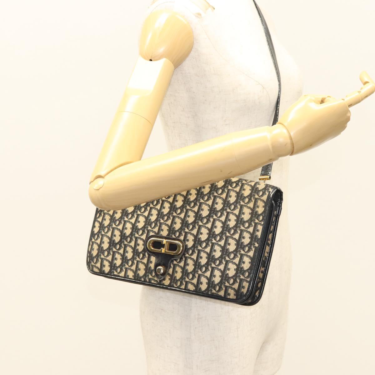 Christian Dior Trotter Canvas Shoulder Bag Navy Gold Auth 120610