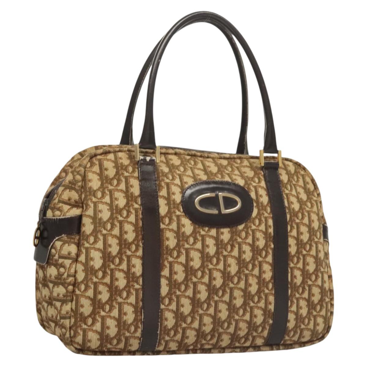 Christian Dior Trotter Canvas Hand Bag Brown Gold Auth 120616