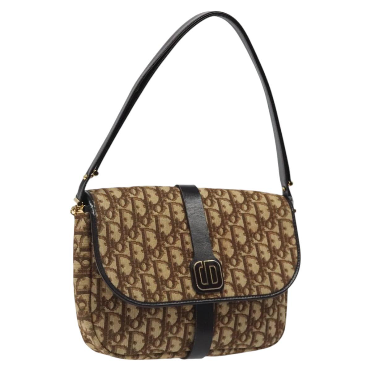 Christian Dior Trotter Canvas Shoulder Bag Brown Gold Auth 120625