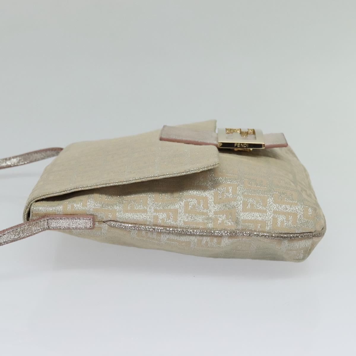 FENDI Zucchino Canvas Shoulder Bag Silver Gold Auth 120637
