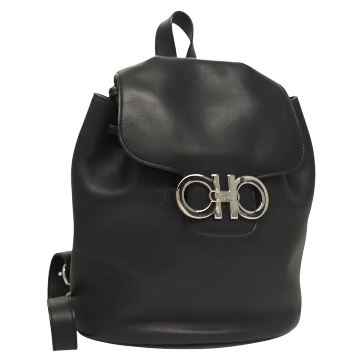 Salvatore Ferragamo Gancini Backpack Leather Black Silver Auth 120651