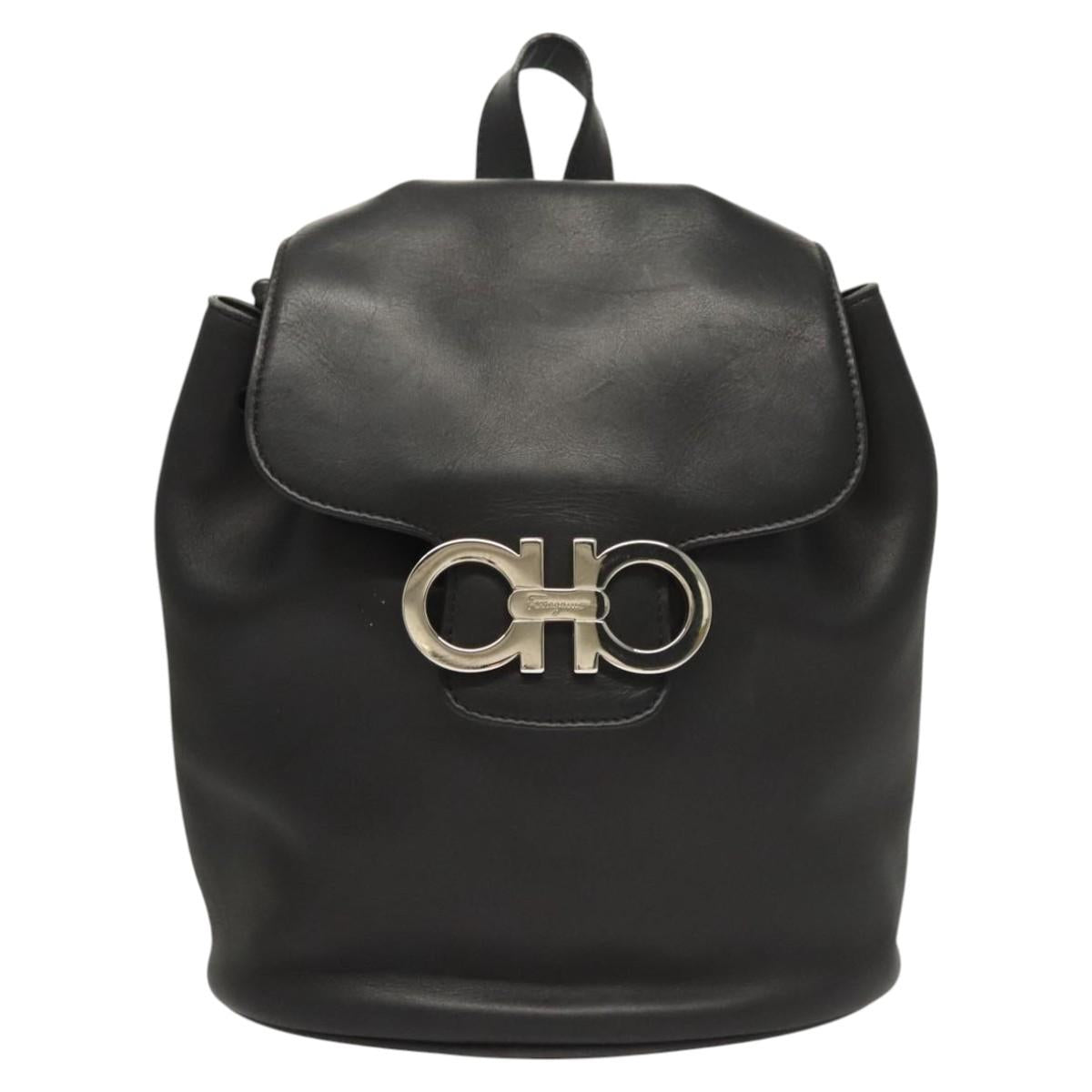 Salvatore Ferragamo Gancini Backpack Leather Black Silver Auth 120651