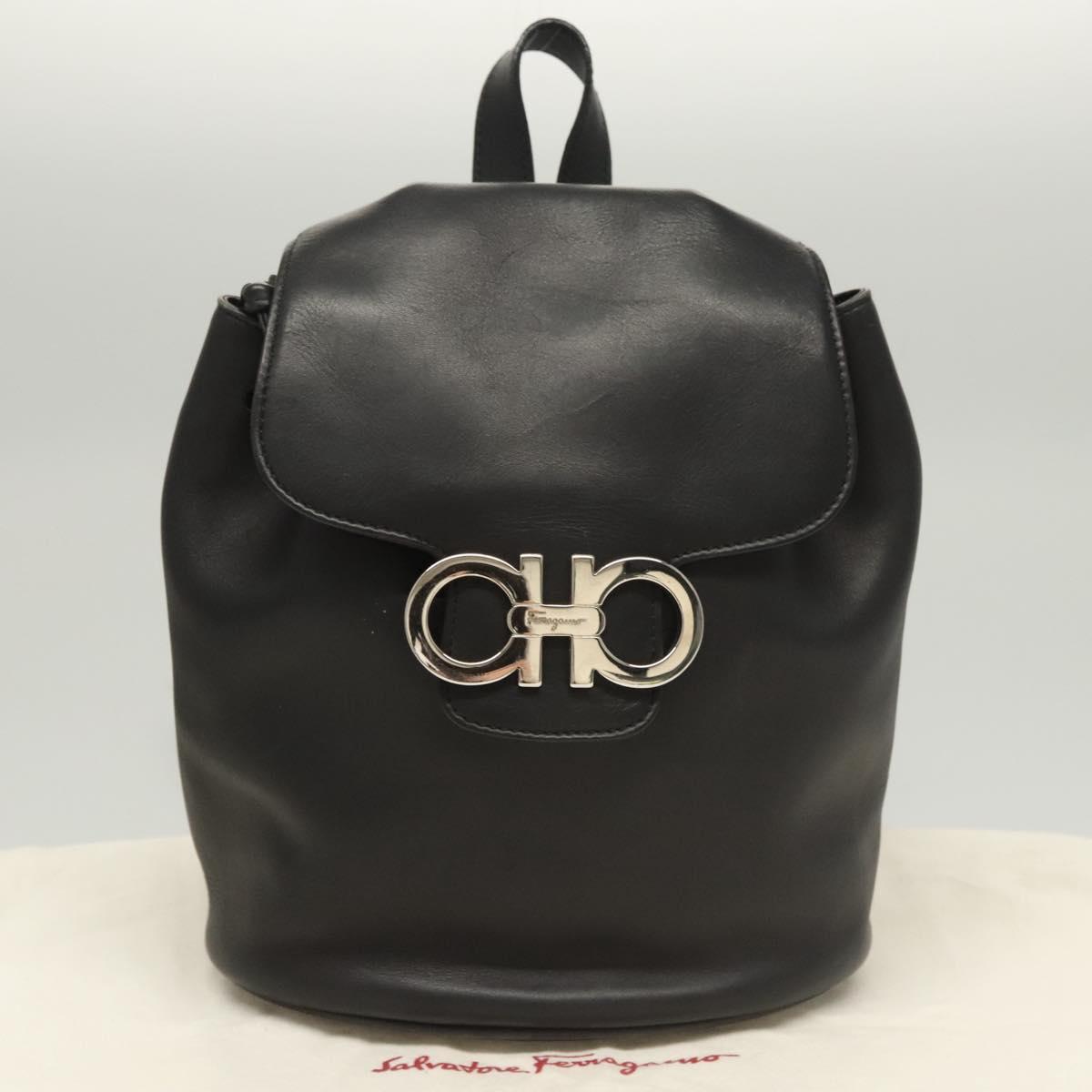 Salvatore Ferragamo Gancini Backpack Leather Black Silver Auth 120651