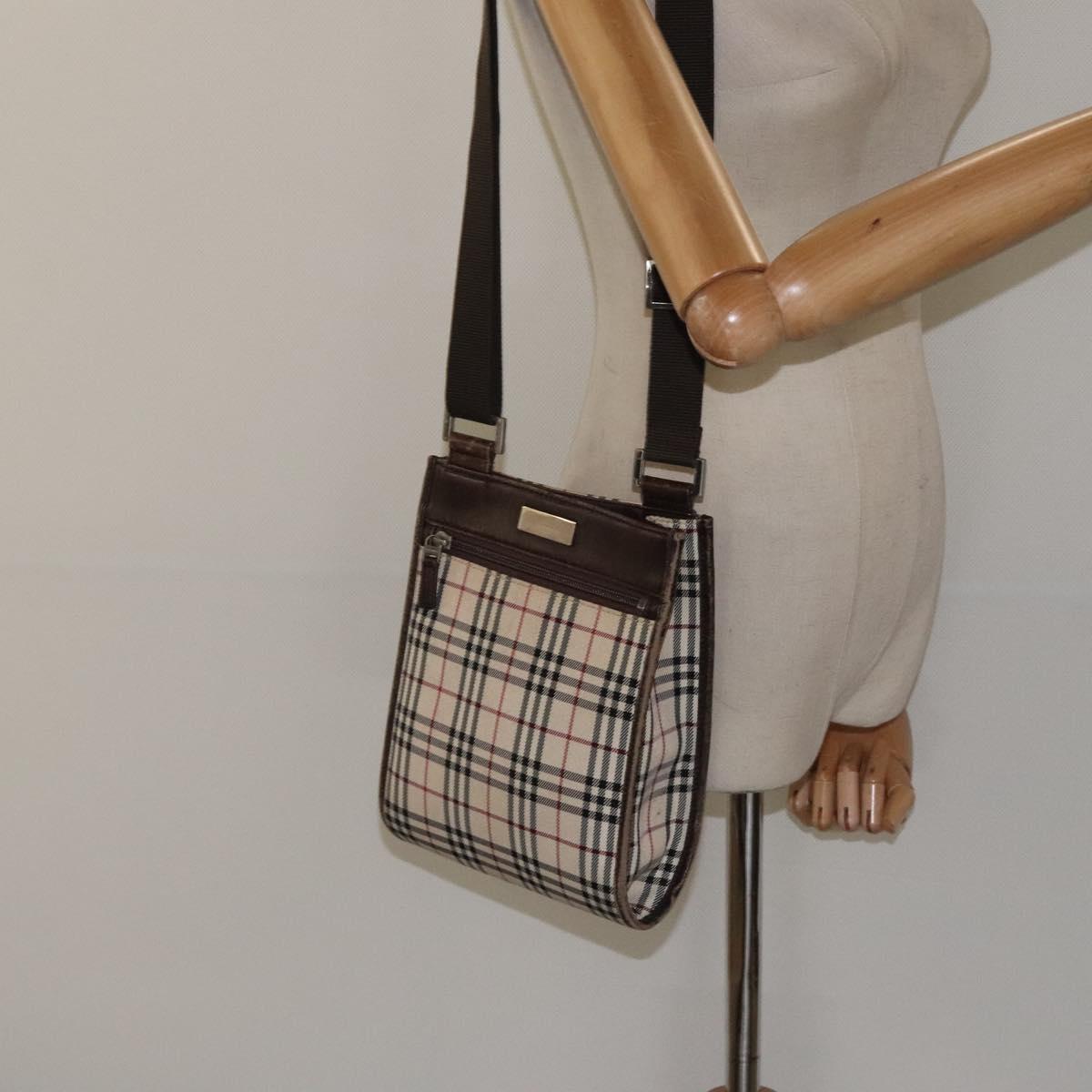 BURBERRY Nova Check Shoulder Bag Beige Silver Auth 120704