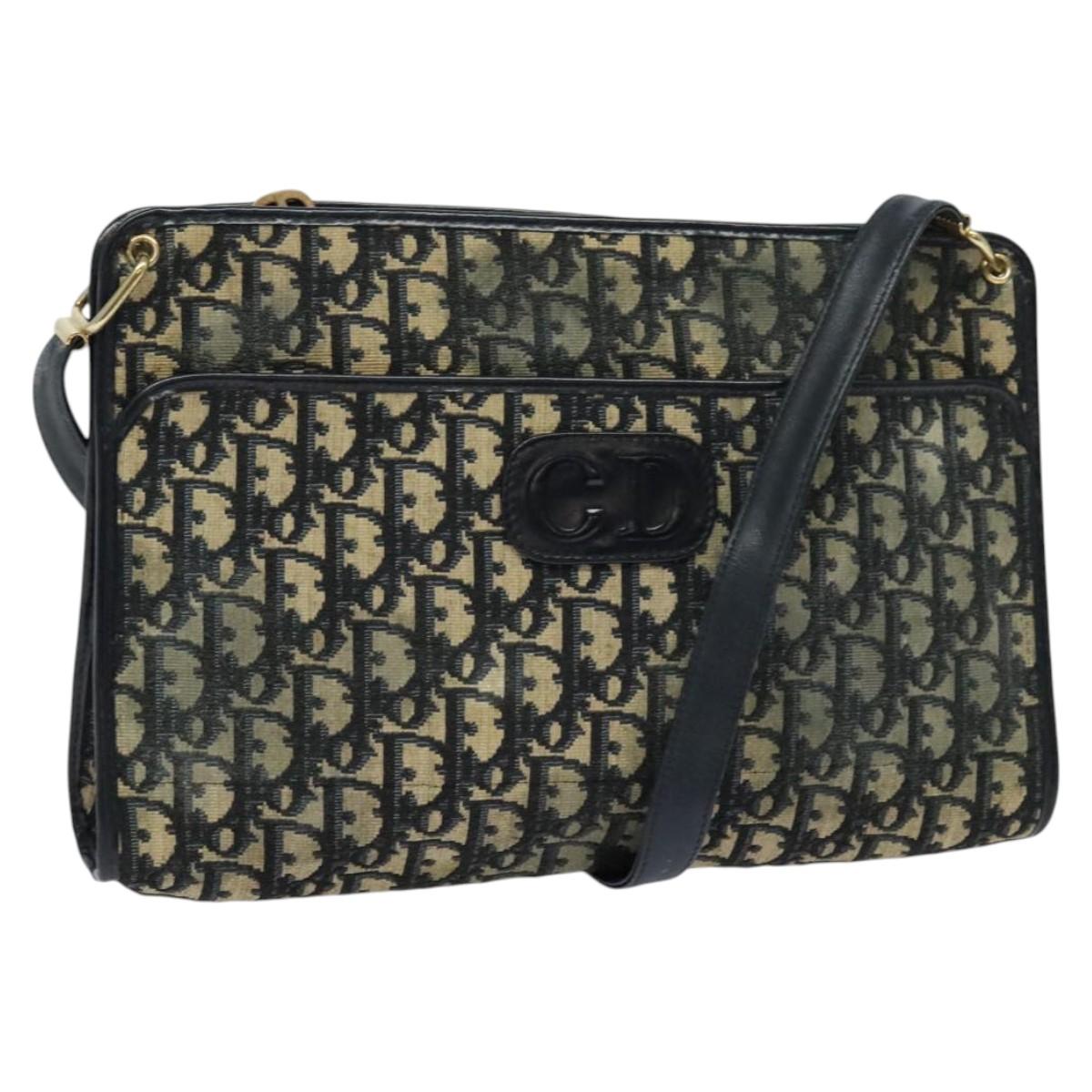 Christian Dior Trotter Canvas Shoulder Bag Navy Gold Auth 120706
