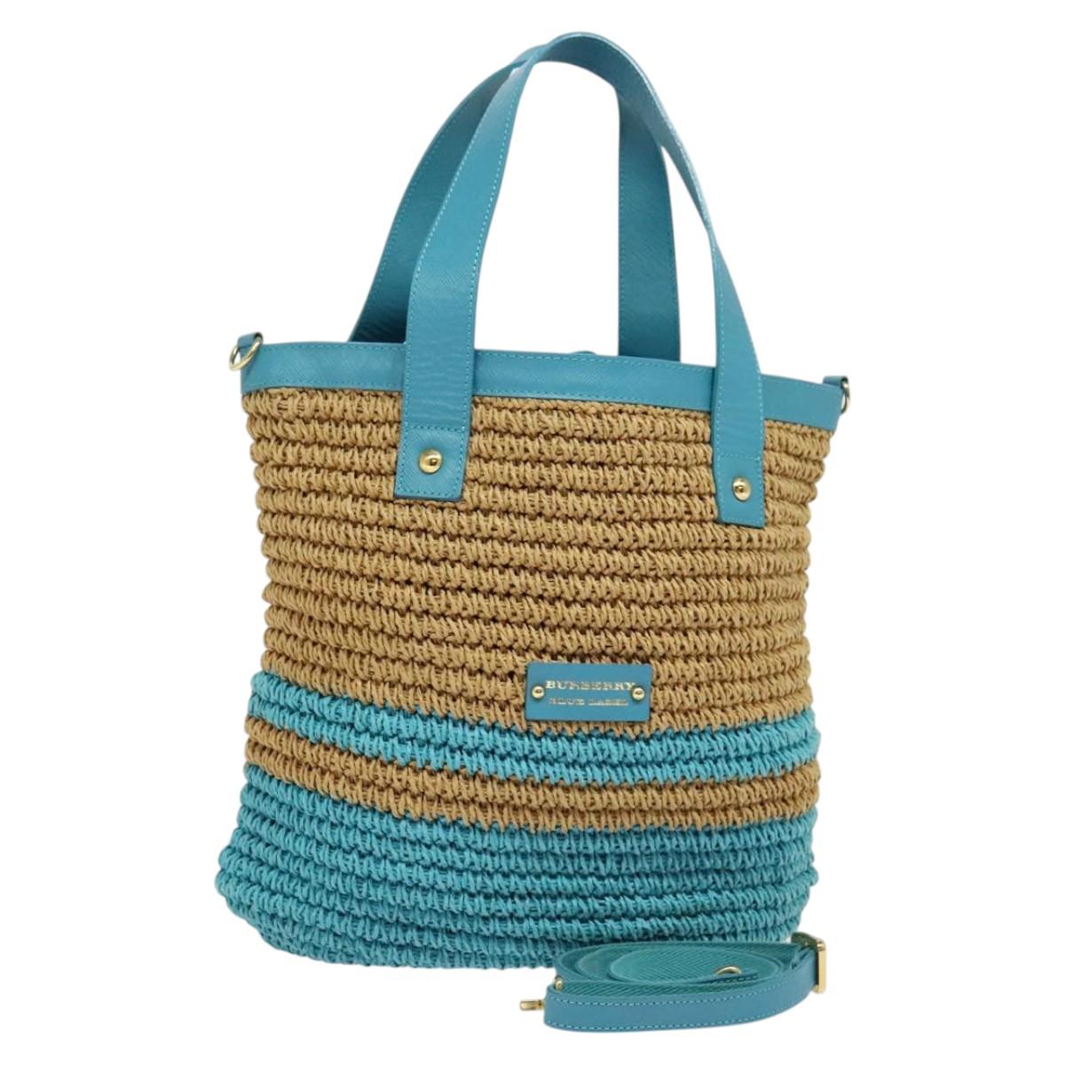 BURBERRY Blue Label Hand Bag Straw 2way Blue Gold Auth 120707