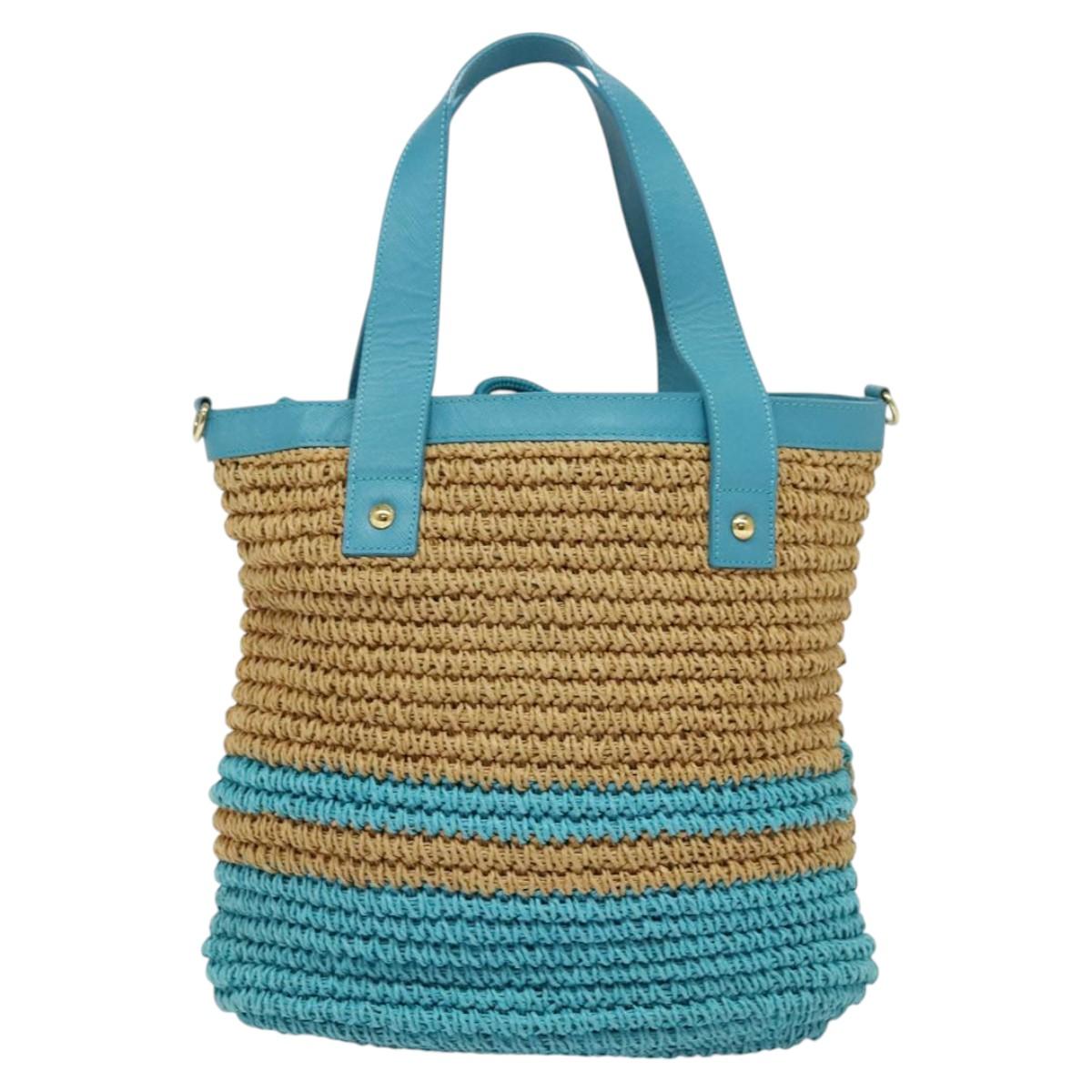 BURBERRY Blue Label Hand Bag Straw 2way Blue Gold Auth 120707