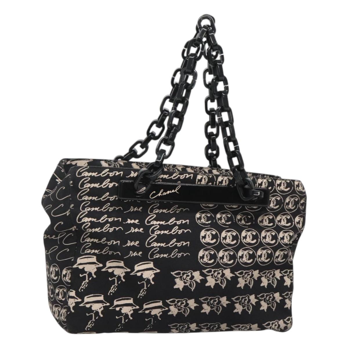 CHANEL Chain Tote Bag Canvas Black CC Auth 120748