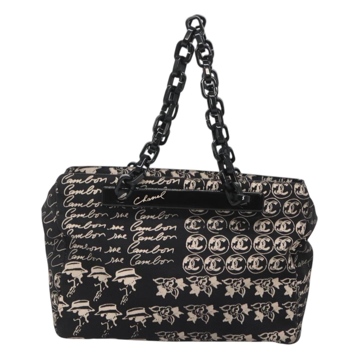 CHANEL Chain Tote Bag Canvas Black CC Auth 120748