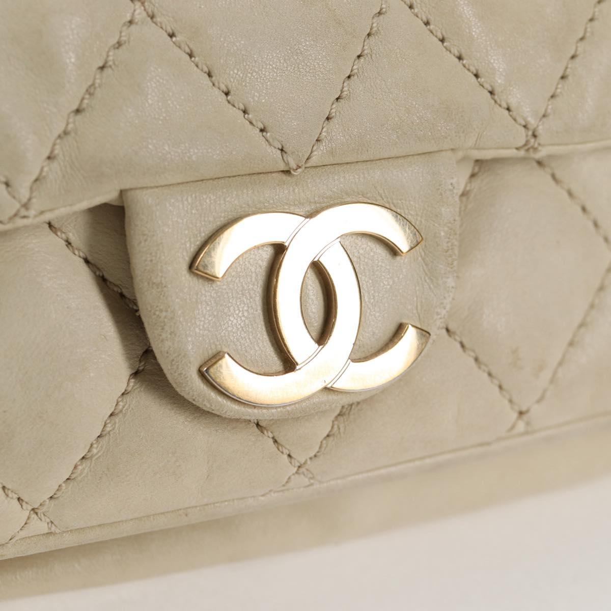 CHANEL Wild Stitch Shoulder Bag Lamb Skin Cream Gold CC Auth 120752