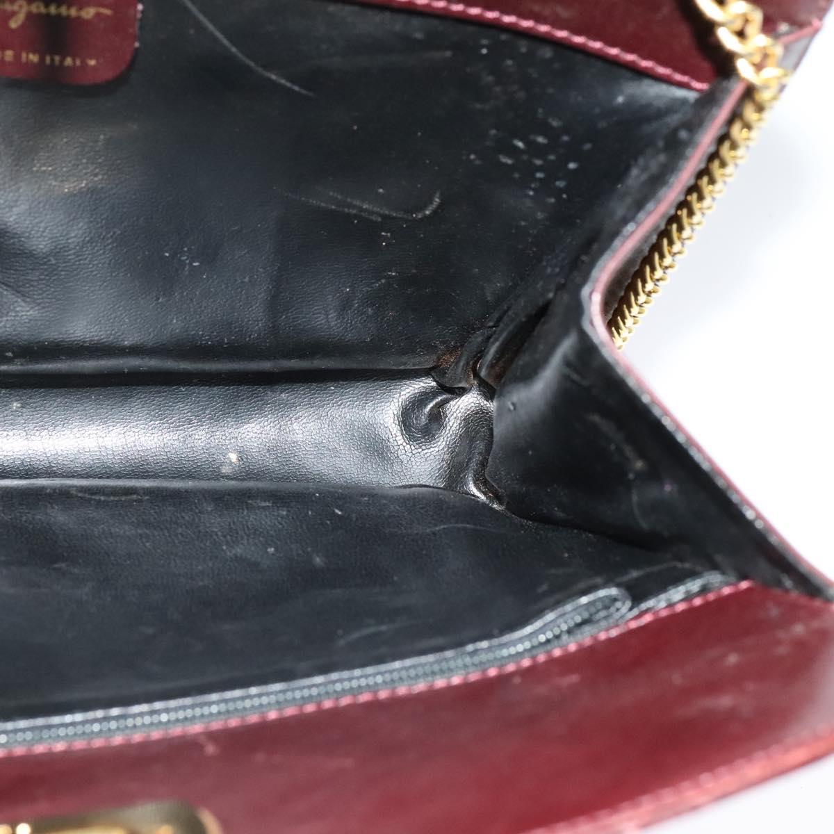 Salvatore Ferragamo Chain Gancini Shoulder Bag Leather Brown Gold Auth 120811