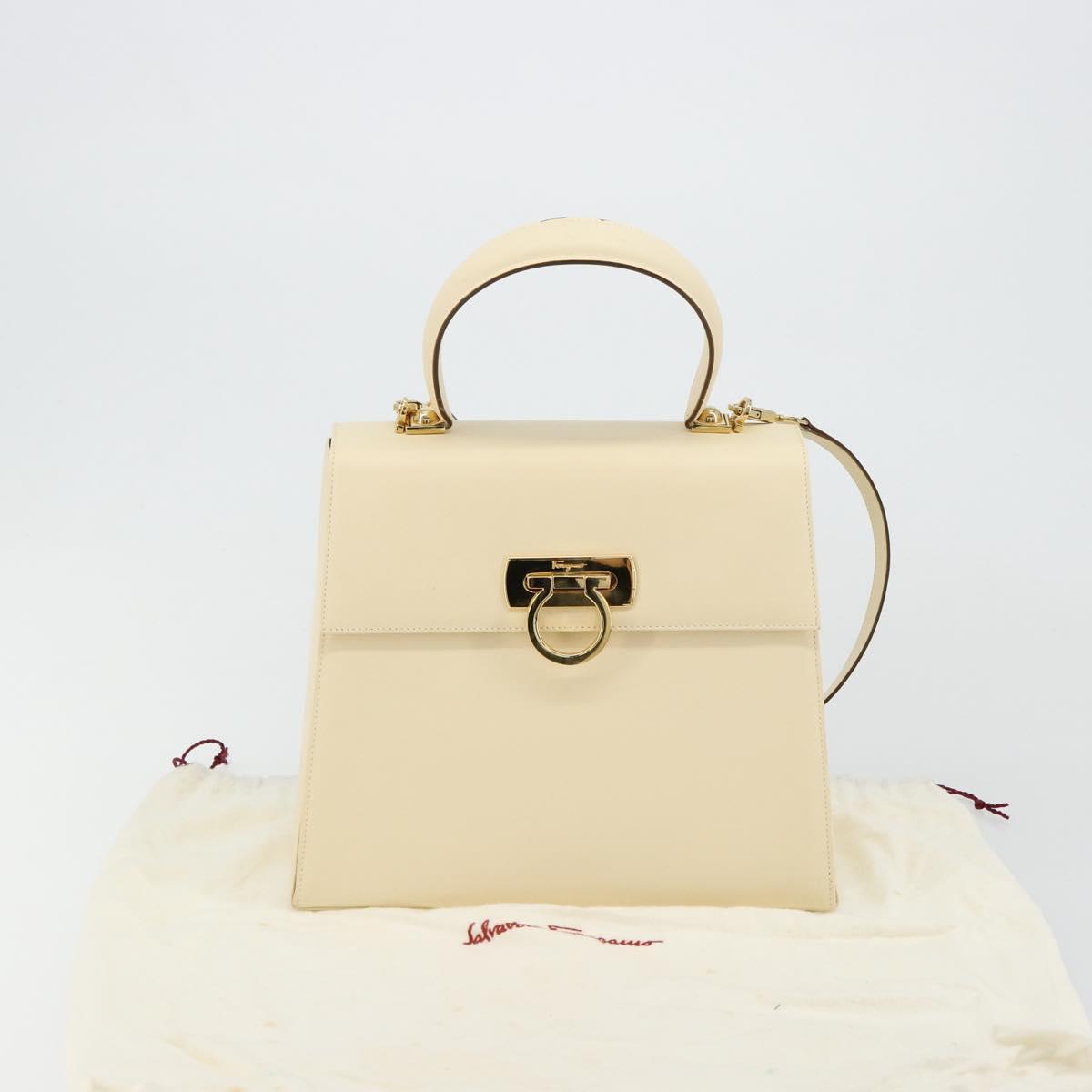Salvatore Ferragamo Gancini Hand Bag Leather 2way Cream Gold Auth 120844