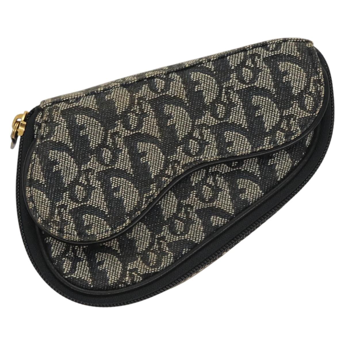 Christian Dior Trotter Canvas Saddle Pouch Navy Gold Auth 120854