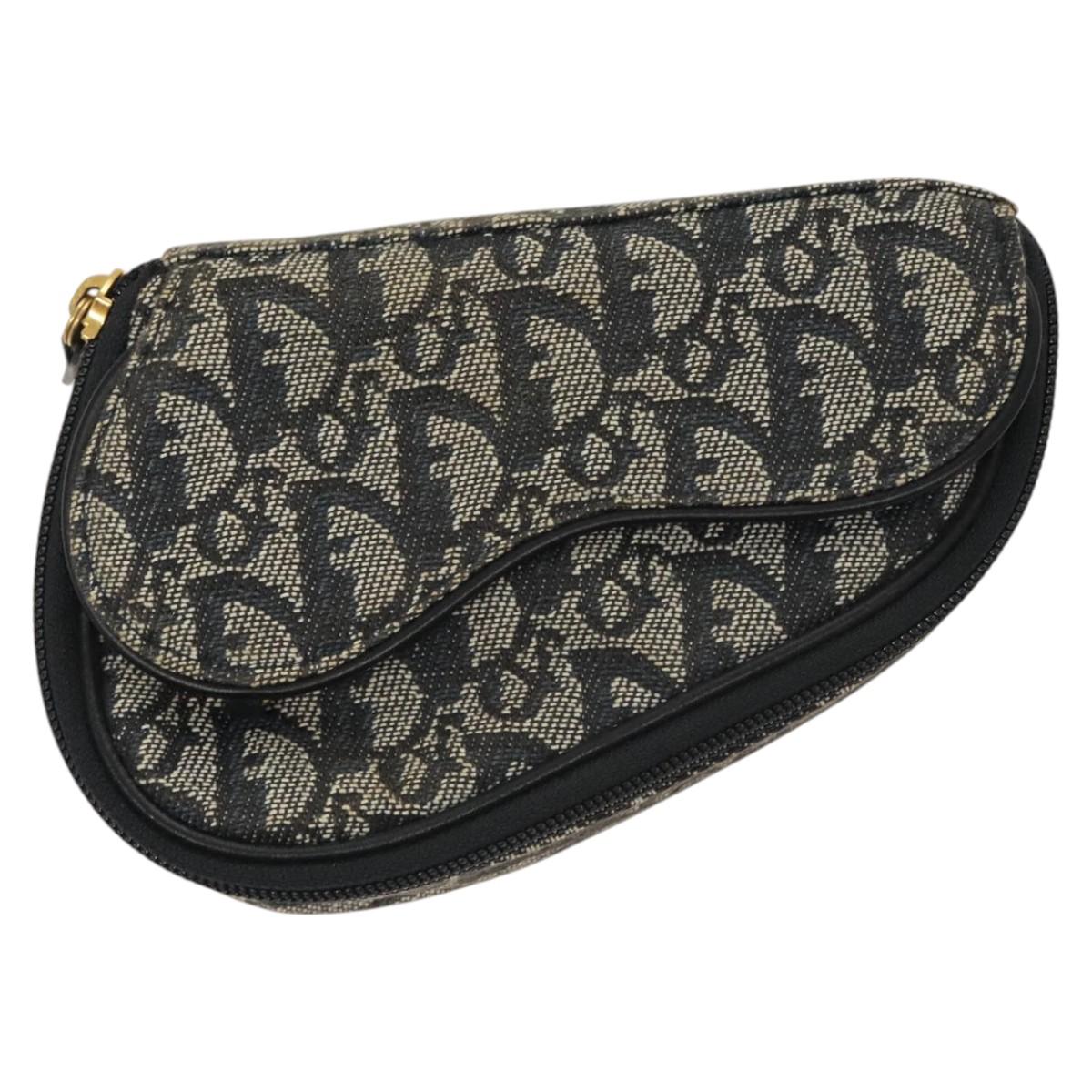 Christian Dior Trotter Canvas Saddle Pouch Navy Gold Auth 120854