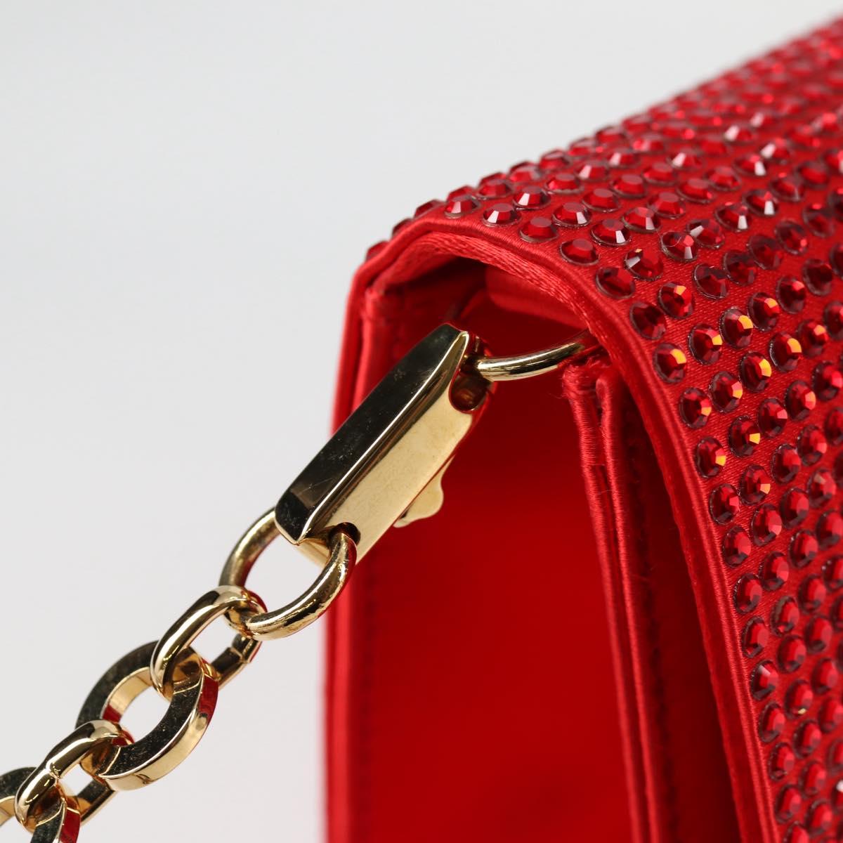 Salvatore Ferragamo Chain Swarovski Shoulder Bag Satin Red Gold Auth 120862V