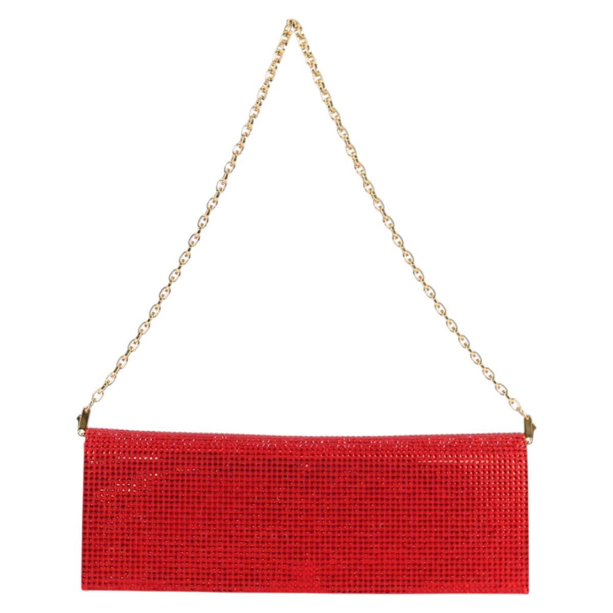 Salvatore Ferragamo Chain Swarovski Shoulder Bag Satin Red Gold Auth 120862V