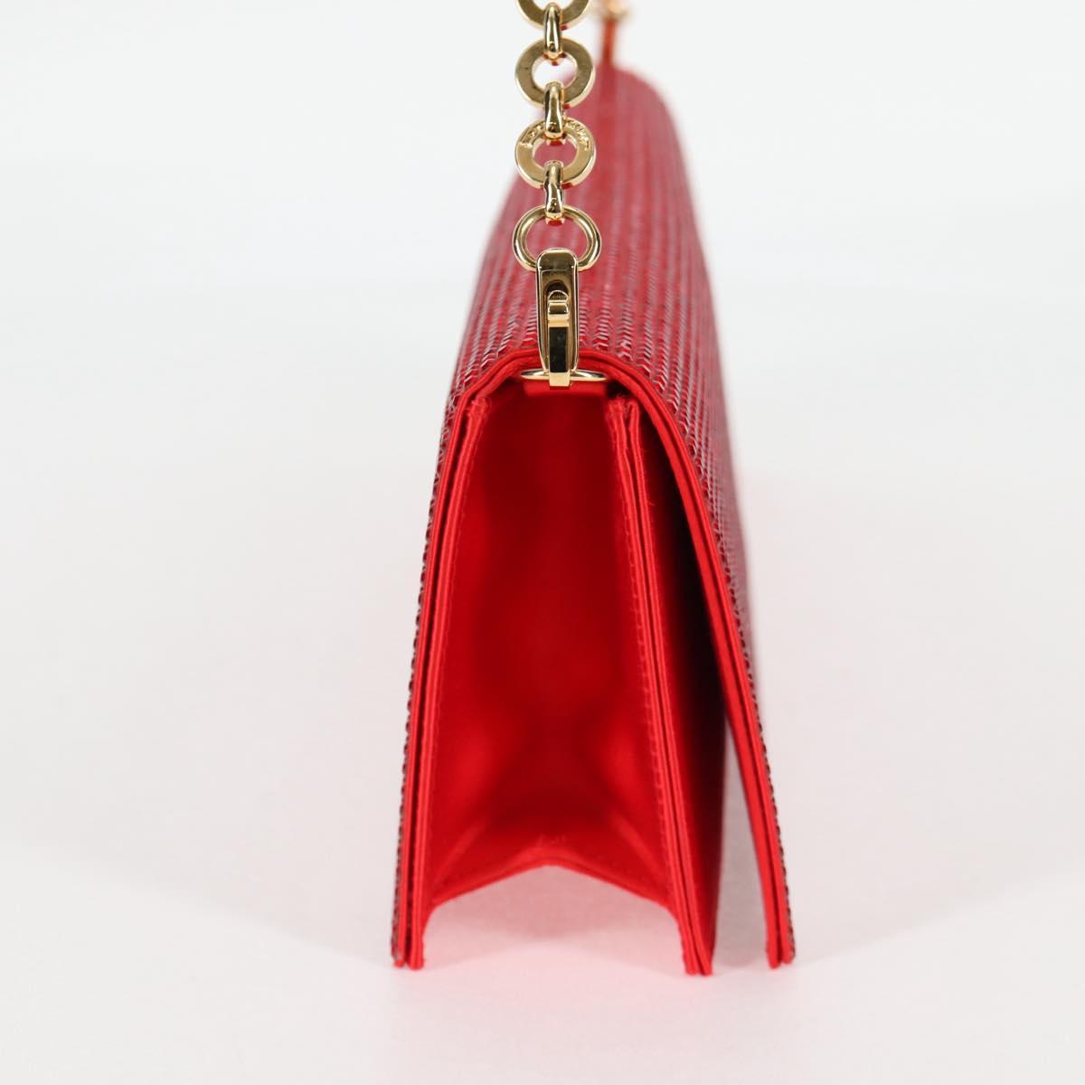 Salvatore Ferragamo Chain Swarovski Shoulder Bag Satin Red Gold Auth 120862V