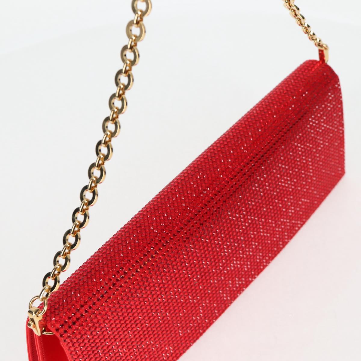 Salvatore Ferragamo Chain Swarovski Shoulder Bag Satin Red Gold Auth 120862V