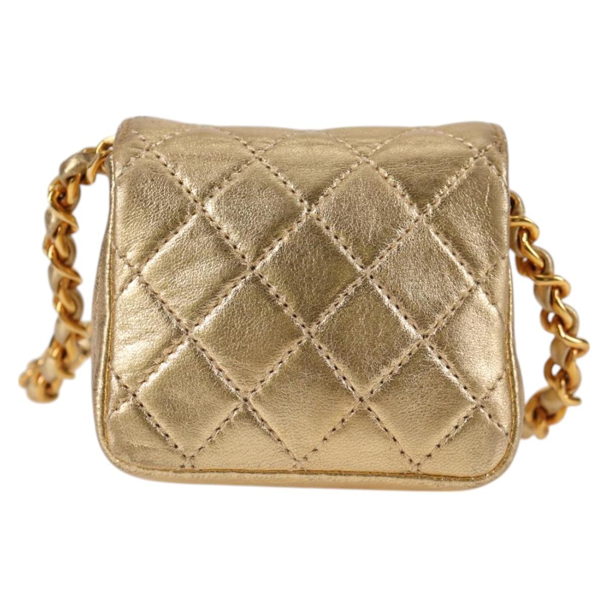 CHANEL Mini Mini Matelasse Chain Bag Lamb Skin Gold Tone CC Auth 120870AV