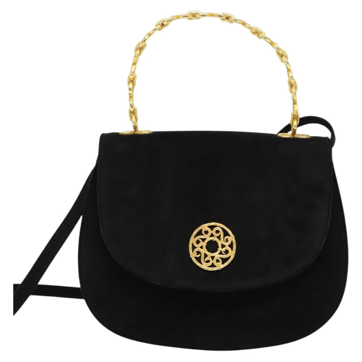 CELINE Hand Bag Suede 2way Black Gold Auth 120904