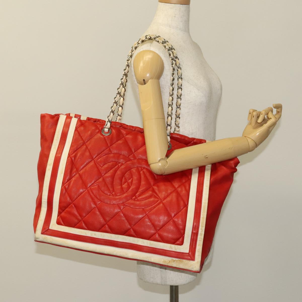 CHANEL Matelasse Chain Tote Bag Lamb Skin Red Silver CC Auth 120921