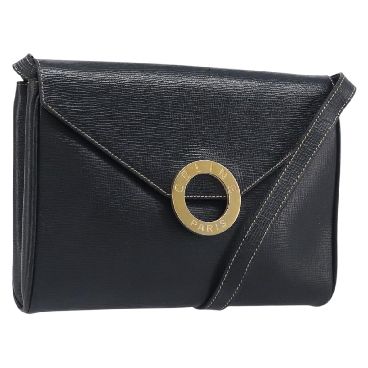 CELINE Circle Hand Bag Leather Black Gold Auth 120926