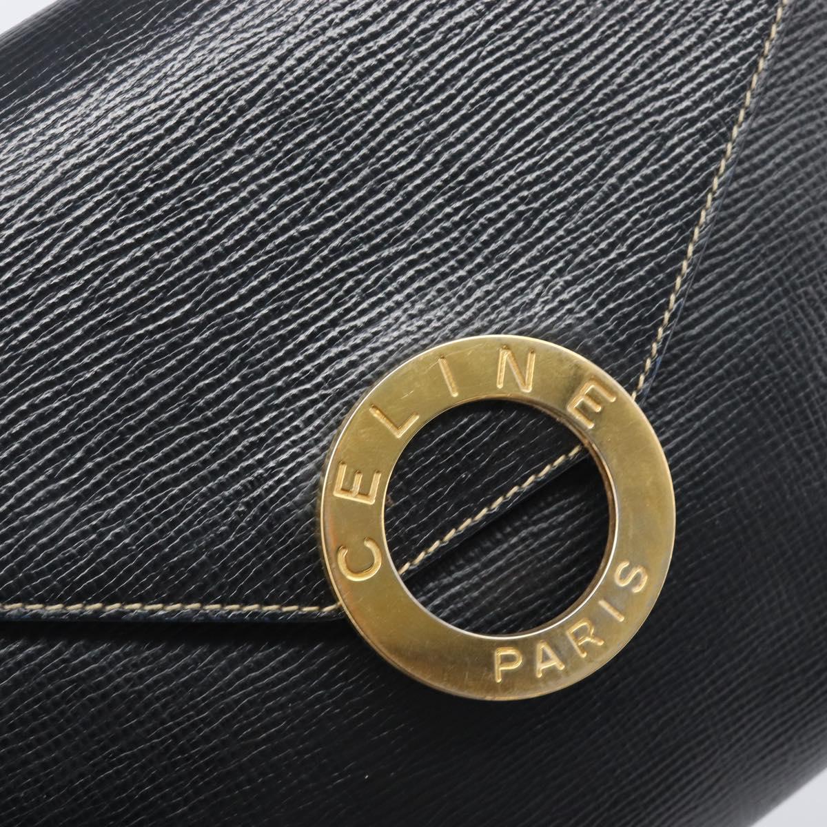 CELINE Circle Hand Bag Leather Black Gold Auth 120926