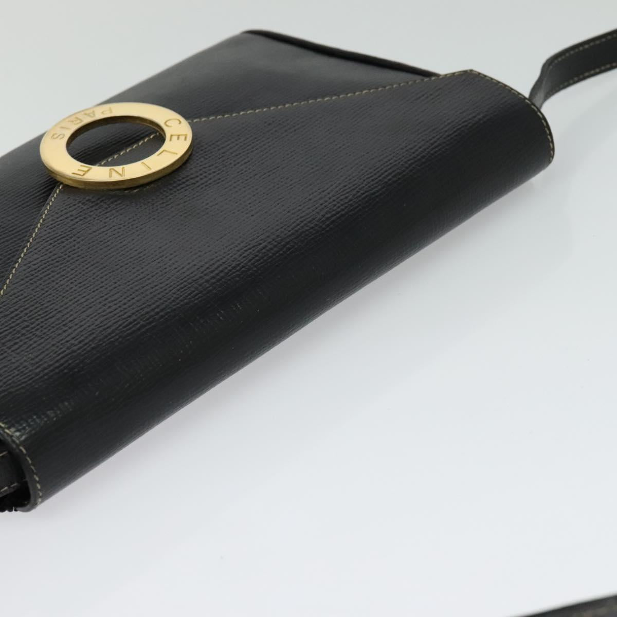 CELINE Circle Hand Bag Leather Black Gold Auth 120926