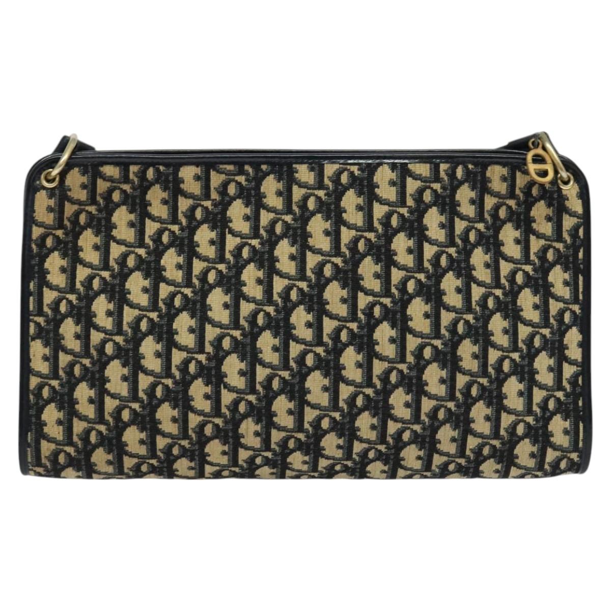 Christian Dior Trotter Canvas Shoulder Bag Navy Gold Auth 120936