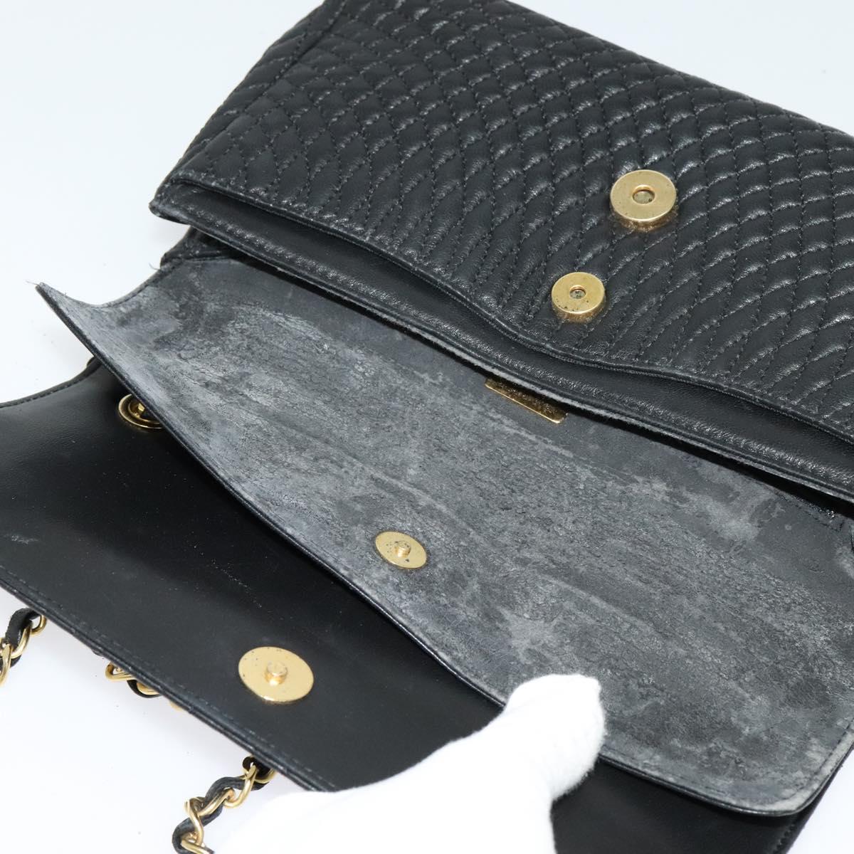 BALLY Quilted Chain Shoulder Bag Leather Black Gold Auth 120948