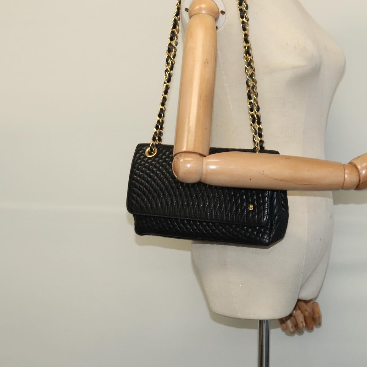 BALLY Quilted Chain Shoulder Bag Leather Black Gold Auth 120948
